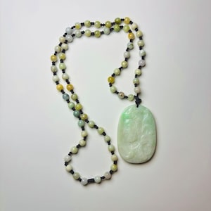 Guanyin Sanskrit Avalokiteśvara certified Pandent Type A green imperial jadeite icy glassy Burma jadeite w jadeite beads necklace S13