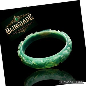 59.94mm /carved flower & deer jade bangle imperial art carved/Jadeite type A / bluish Green /Icy translucent,auction grade certified A3