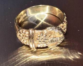 US Tariff included-9ct gold Buckle ring Victorian antique engraved floral heavy 4.6g Uk size P 1/2 , US8 Victoria era/Hallmarked 1842