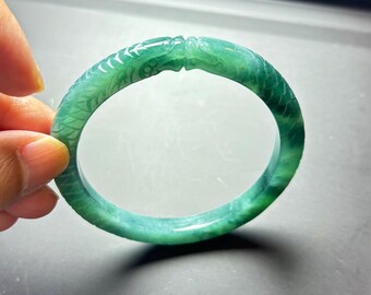 57.5 mm /龍の彫刻バングル、如意、皇帝の芸術彫刻/翡翠グレードA/緑 
