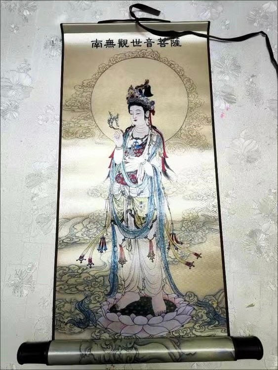 観音布刺繍錦掛け軸 /観音菩薩/壁掛けアート/壁掛けアート/織錦/アジア
