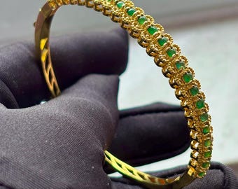 Deal!! imperial Green Jadeite jade 18k vermeil  inlay Icy Bangle Bracelet 鑲嵌玉鐲手鐲 translucent,  sparkly  glows  great vibes & lustre 49#201