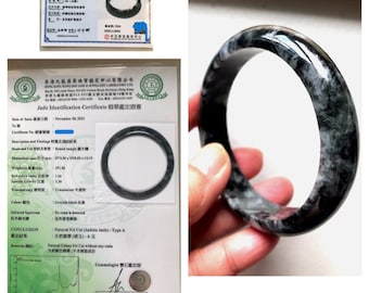 Sales!!58.7mm /Genuine Burmese Grade A Jadeite Black Icy Wuji Bangle Bracelet 翡翠玉鐲手鐲冰烏雞 translucent, icy black good lustre/ certified A803