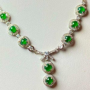Top imperial green  icy  Type A  Natural Myanmar  Jadeite Jade Cabochons(5mm) Pendant in  Silver inlay Burma  jadeite  necklace H36