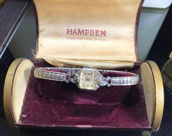 Vintage Ladies watch Hamden 1940s-50s diamonds runs well art deco minty top cosmetic condition serviced runs well MW-24
