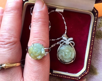 Certified Jadeite yellow honey  ring necklace sets, Flower /rose natural Grade AAA, icy yellow green Myanmar Jadeite S925 ring & necklace