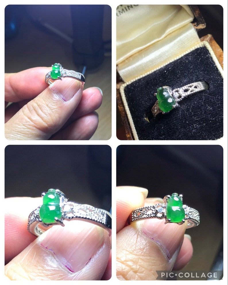 May include: A silver ring with two green jade stones and small diamonds set in a delicate filigree design.