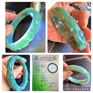 62mm /carved Phenix bangle, Ruyi, imperial art carved/Jadeite Bangle type A / Green /carved  /Icy translucent, auction grade certificate A80