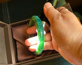 Arancel estadounidense incluido: brazalete de doble dragón tallado de arte imperial / Brazalete de jadeíta grado A / Azul verdoso / Semitranslúcido helado, certificado As001