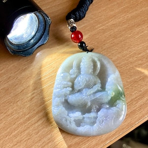 Jadeite Guanyin pendant imperial jade icy translucent natural  GradeＡ, light grey  green,  Burmese Gem A59