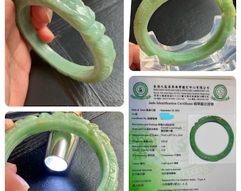 Brazalete de dragón tallado de 57 mm, jade birmano imperial verde tallado/Brazalete de jadeíta tipo A/verde soleado/translúcido helado, certificado A810