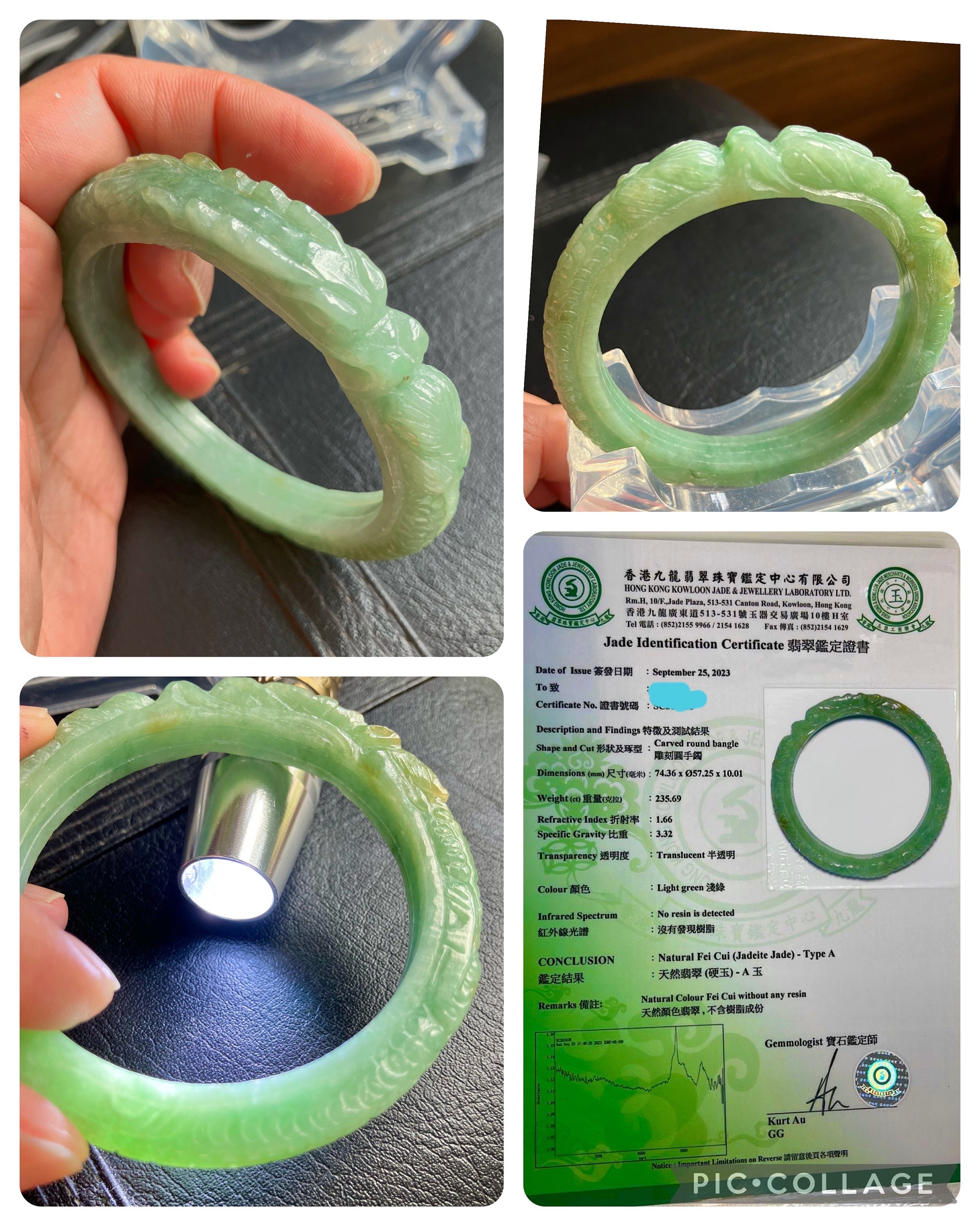 57 mm /彫刻入り龍のバングル、ビルマ産翡翠のインペリアルグリーン 