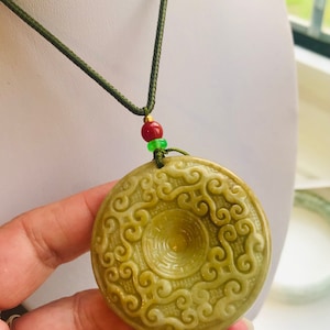 Big Donut Filigree  carved /golden yellow green Pendant / certifed Necklace, 平安扣 Burma jadeite , imperial jadeite  type A ,   A63