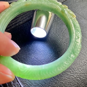 57mm /carved Dragon bangle, Burmese jade imperial green art carved/Jadeite Bangle Type A / Green /carved  /Icy translucent, certified A810