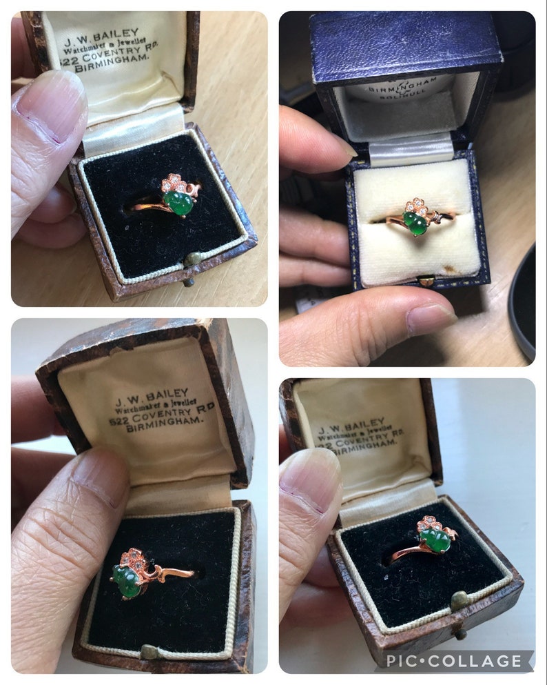 May include: A green jade ring with a rose gold band and small diamonds set in the band. The ring is in a small, brown velvet box with a white label that reads "J.W. BAILEY Watchmaker & Jeweller 522 COVENTRY RD BIRMINGHAM."