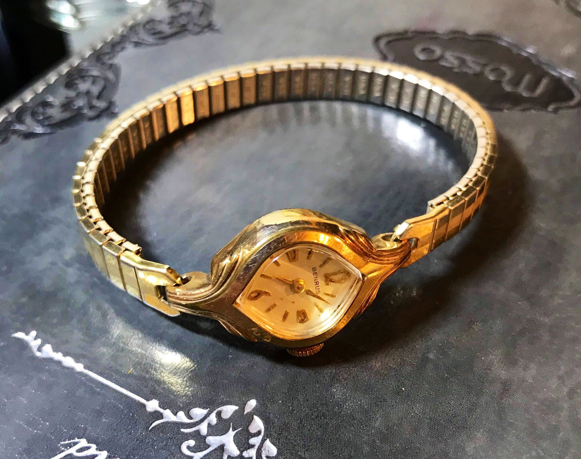 So trendy! Dark gold dainty feminine watch by benrus Vintage Benrus Retro Modernist Classic Gold & Brown Womens  main image 3