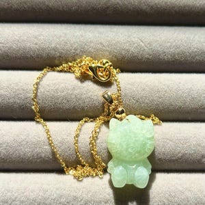 Cute Kitty Jadeit natürliche Myanmar Jadeit eisige grüne Patches Jadeit Halskette 18k Vermeil Kette Grad A Charme HA31