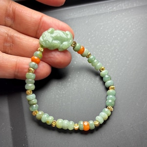 Acubus bead Pixiu  / icy Jadeite Jade Bracelet , yellow blue Green/  type  A Jadeite Beaded Bracelet/Burma Anniversary Gift S908-2