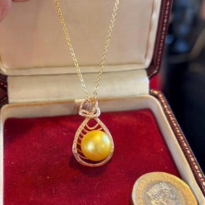 11mm South sea gold pearl pendant necklace round strong luster, deep golden natural sea pearl/gold fill s501