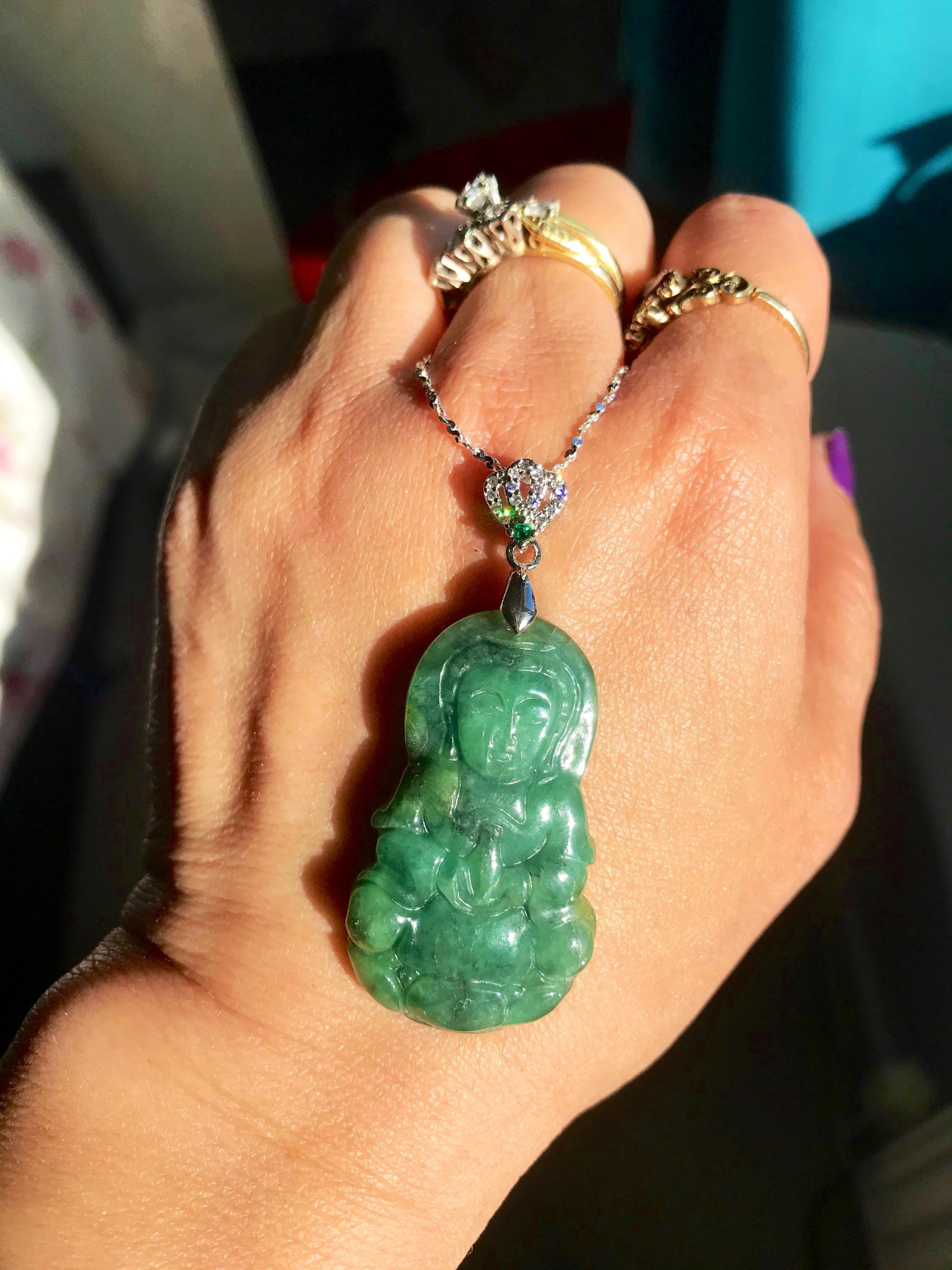 米国関税込み-本物の観音翡翠ネックレスグリーン翡翠グレードA