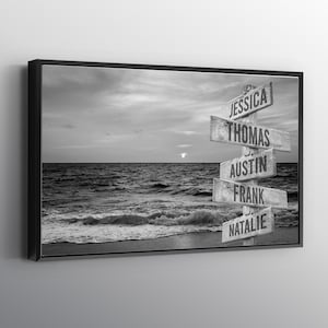 May include: Black and white photograph of a beach scene with a wooden signpost with five directional arrows. The arrows point to the names "Jessica", "Thomas", "Austin", "Frank", and "Natalie".