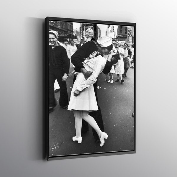 Sailor Kissing Nurse In Times Square Black And White Wall Art Canvas. Printed Smooth Surface. Ready to Hang Canvas.