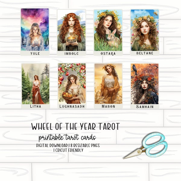 Wheel of the Year Tarot Cards | Printable Stickers | Printable Cards | PNG | Cricut Cut File | Oracle Cards
