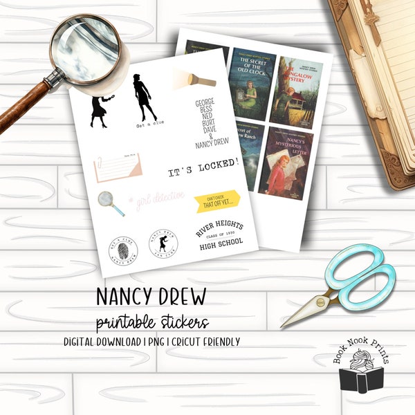 Ensemble d’autocollants Nancy Drew | Autocollants imprimables | Téléchargement numérique | PDF | PNG | Autocollants de détective pour filles | Fichier de machine de découpe