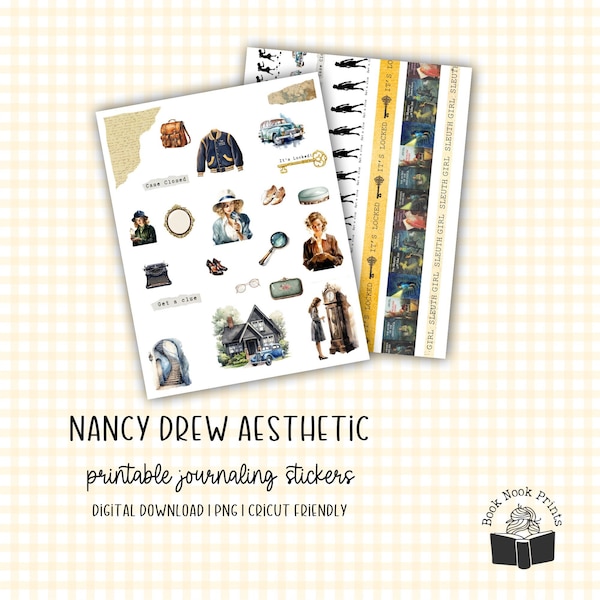 Nancy Drew Inspired Journal Kit | Printable Stickers | Planner Stickers | Reading Journal | PNG | Cut File