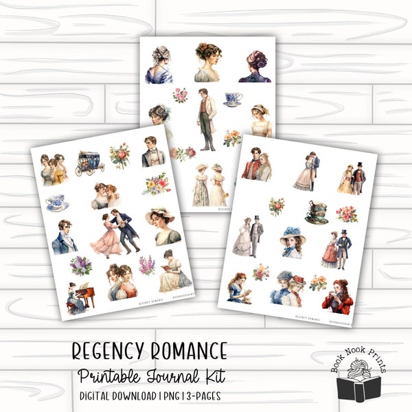 Regency Romance Journaling Kit | Printable Stickers | Planner Stickers | Reading Journal | PNG | Cut File | Jane Austen | Historical Fiction