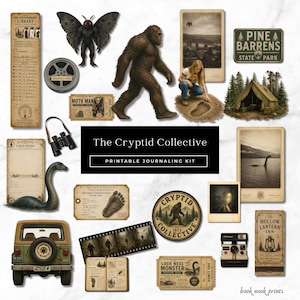 Może przedstawiać: Kolekcja efemeryd w stylu vintage z motywem kryptyd. Zawiera ilustracje Wielkiej Stopy, potwora z Loch Ness, Mothmana i aparatu Polaroid w stylu vintage. Tekst brzmi "The Cryptid Collective Printable Journaling Kit."