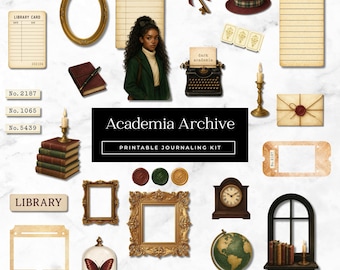 Kit de diario de archivo académico: Material efímero vintage, pegatinas para álbumes de recortes, registro de lectura (descarga digital)