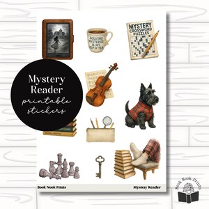 May include: A sheet of "Mystery Reader" printable stickers featuring watercolor illustrations of a book, crossword puzzle, violin, dog, chess pieces, key, and a cup of coffee. The stickers are designed with a vintage aesthetic.