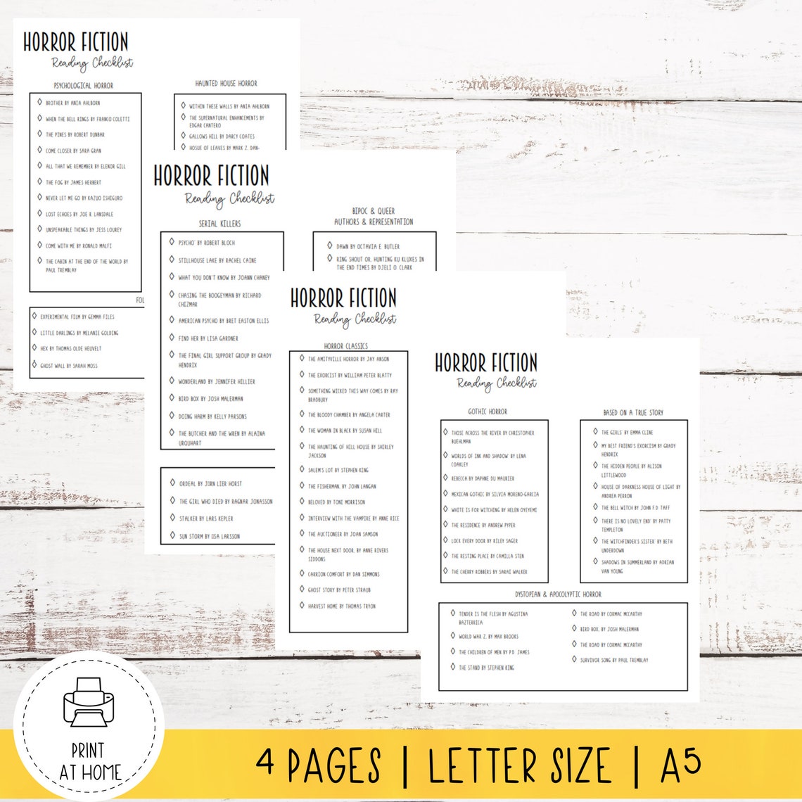 Horror Fiction Reading Checklist | Printable Book Tracker (PDF) - Etsy