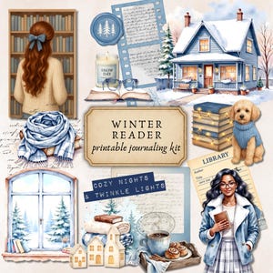 May include: A watercolor illustration featuring a cozy winter theme. It includes a woman with long hair, a blue house, a dog in a sweater, books, a scarf, and the text "Winter Reader printable journaling kit" and "Cozy Nights & Twinkle Lights."