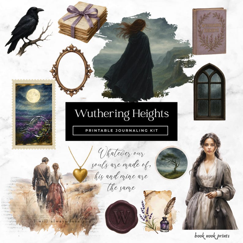 Wuthering Heights Books Junk Journal Kit Printable Ephemera Fussy Cuts Printable Stickers Planner Gothic image 1