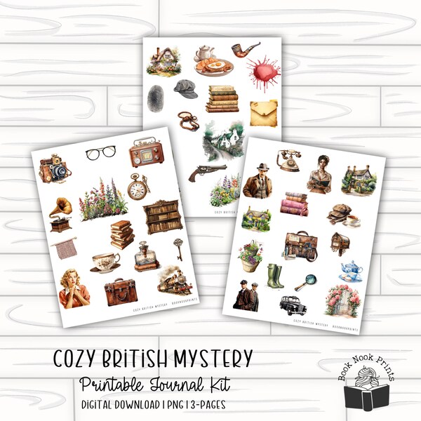 British Cozy Mystery Journaling Kit | Printable Stickers | Planner Stickers | Reading Journal | PNG | Cut File | Historical | Vintage