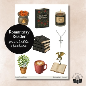 Romantasy Reader, Printable Stickers, Bookish Stickers, Deco, Journal, Reading, Cut File, Planner, Fantasy, Books, Journaling, Dragons