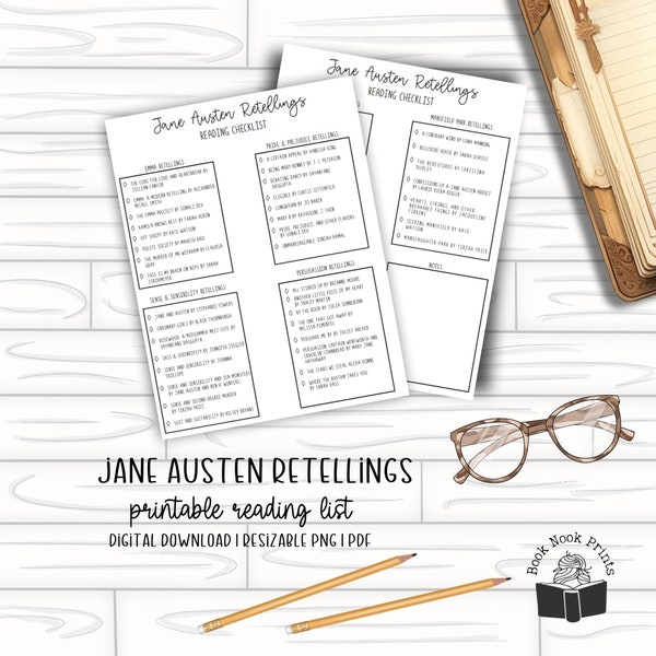 Jane Austen Retellings Reading Checklist | Printable Reading List | Book Tracker | Reading Journal | PDF