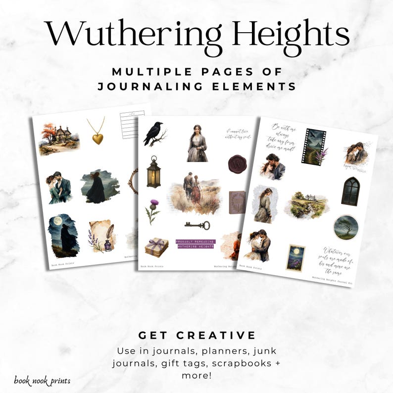 Wuthering Heights Books Junk Journal Kit Printable Ephemera Fussy Cuts Printable Stickers Planner Gothic image 2