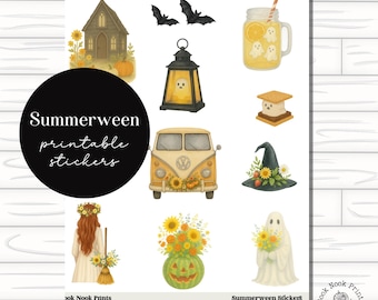 Summerween, Printable Stickers, Bookish Stickers, Deco, Journal, Reading, Cut File, Planner, Dark, Spooky, Books, Summer, Flowers, Ghosts