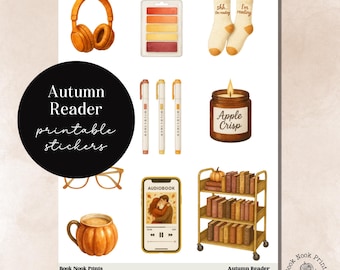 Autumn Reader, Printable Stickers, Bookish Stickers, Deco, Journal, Reading, Planner, Books, Reading, Journaling, Fall, Orange, Yellow, Red