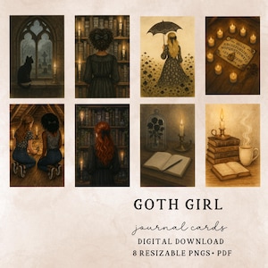 Goth Girl Journal cards, Dark Academia, Autumn, Spooky, Journaling, Books, Reading, Scrapbooking, Planner, Printable, Dark Aesthetic, Moody