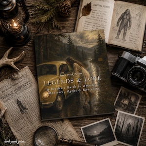 Op de afbeelding: Een boek getiteld Legends & Lore: A Reader's Guide to America's Monsters, Myths & Mysteries, met een gele auto en een persoon in een bos op de kaft, omringd door een vintage camera, een vergrootglas en oude krantenknipsels.