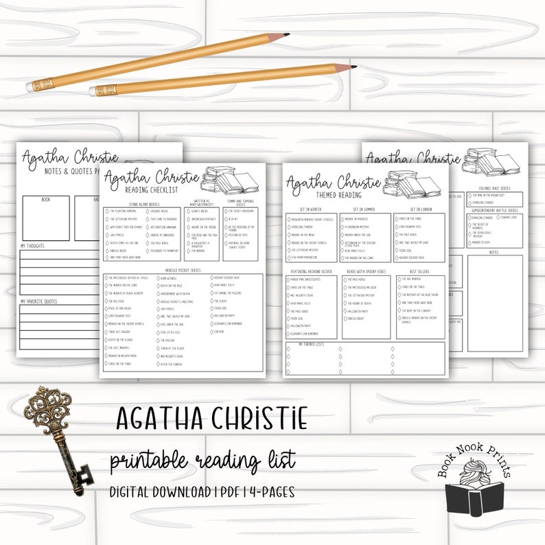 May include: A printable reading list for Agatha Christie novels. The checklist includes sections for notes and quotes, a reading checklist, themed reading, and a section for favorite quotes. The document is black and white and features a stack of books with a bookmark.