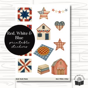 Red, White, Blue, Printable Stickers, Bookish Stickers, Deco, Journal, Reading, Cut File, Planner, Primitive, Americana, Independence Day