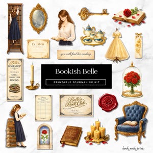 Può includere: Una collezione di illustrazioni in stile vintage a tema letterario. Include immagini di libri, una biblioteca, un vestito, una rosa, una chiave e un set da tè. È visibile anche il testo "Bookish Belle" e "Printable Journaling Kit".