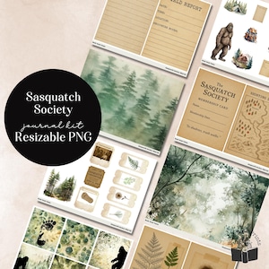 May include: A collection of printable journal kit elements with a Bigfoot theme. Includes field report pages, membership cards, forest illustrations, and Bigfoot-related graphics. The kit features the text "Sasquatch Society journal kit Resizable PNG."
