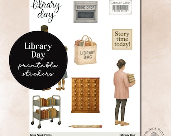 Library, Printable Stickers, Bookish Stickers, Deco, Journal, Reading, Planner, Books, Reading, Journaling, Stories, Bookworm, Library Art