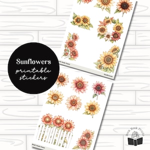 Sunflowers Printable Stickers Planner Journal Digital Download Summer Watercolor Sunshine Yellow Red Digital Stickers Freestyle Deco Bujo
